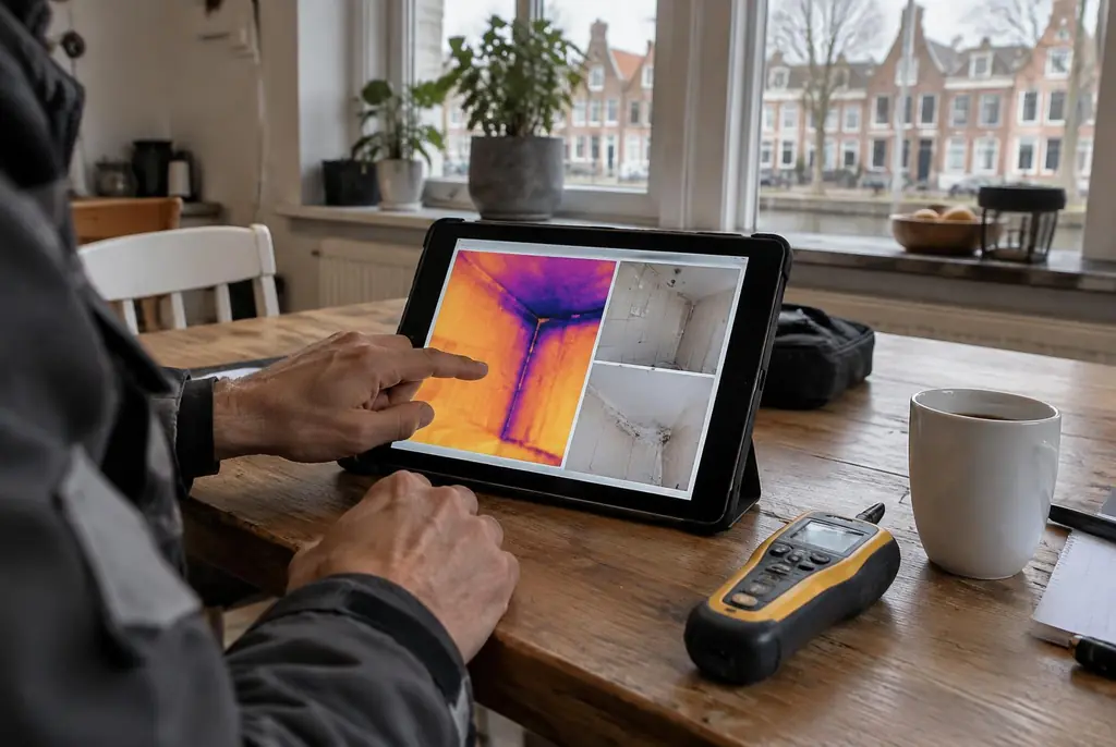 Lekdetectie Zoetermeer – lekdetectierapport met warmtebeelden en foto's op een tablet