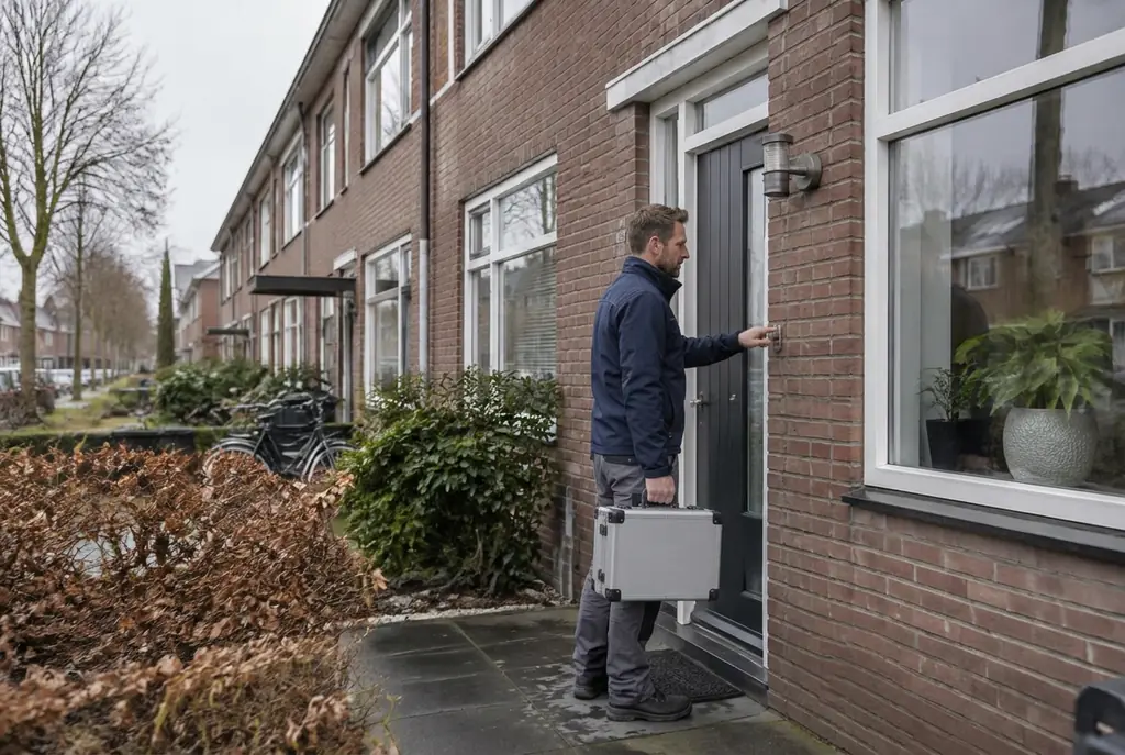 Lekdetectiespecialist met meetkoffer bij de voordeur van een woning in Zoetermeer